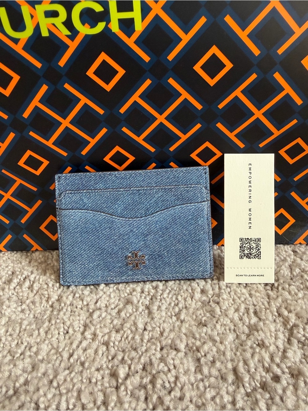 Tory Burch Emerson Denim Suede Slim Card Case Dark Denim Blue Soft